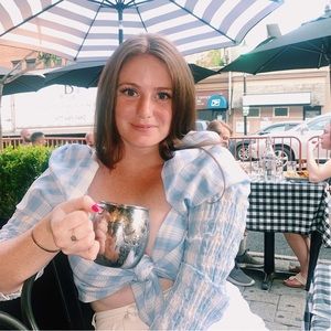 Blue and White Front Tie Crop Top